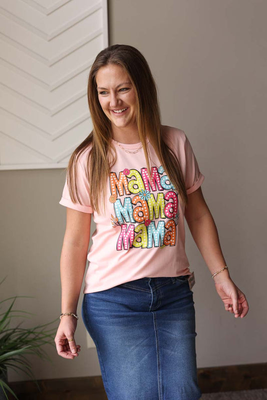 Introducing the Peach "Mama" Tee - the perfect addition to your summer wardrobe! This cute and cheery graphic tee is designed to add a fun touch to your everyday mom life. With an added sleeve cuff, it's versatile enough for park dates and home activities. Stay stylish and happy with this tee!