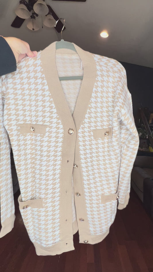 Khaki Houndstooth Pocketed Cardigan