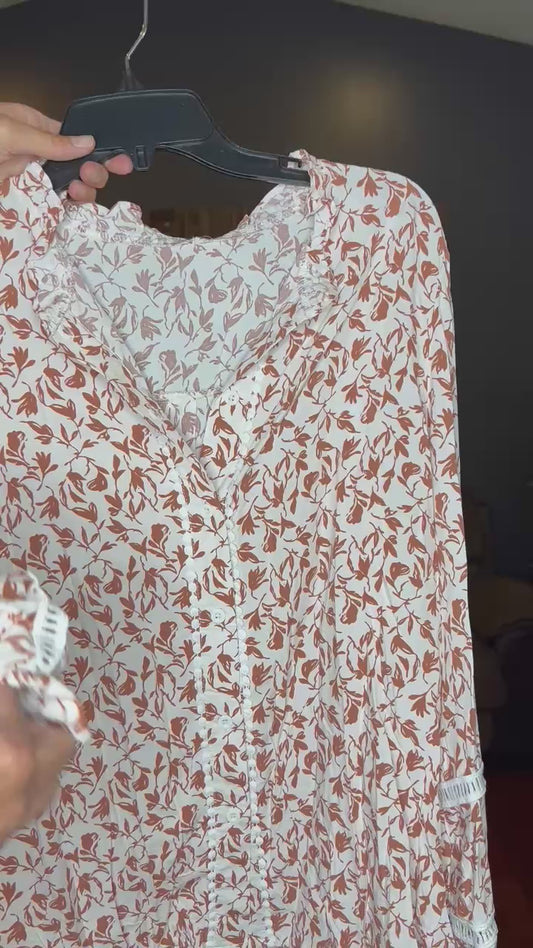 Khaki Printed Lace Detail Button Up Shirt; S, XL, 2XL PLUS