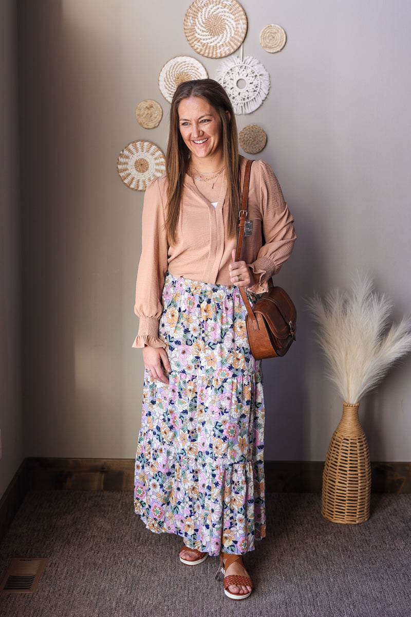 Sky Blue Boho Floral Tiered Maxi Skirt with Pockets | Modest Spring Style