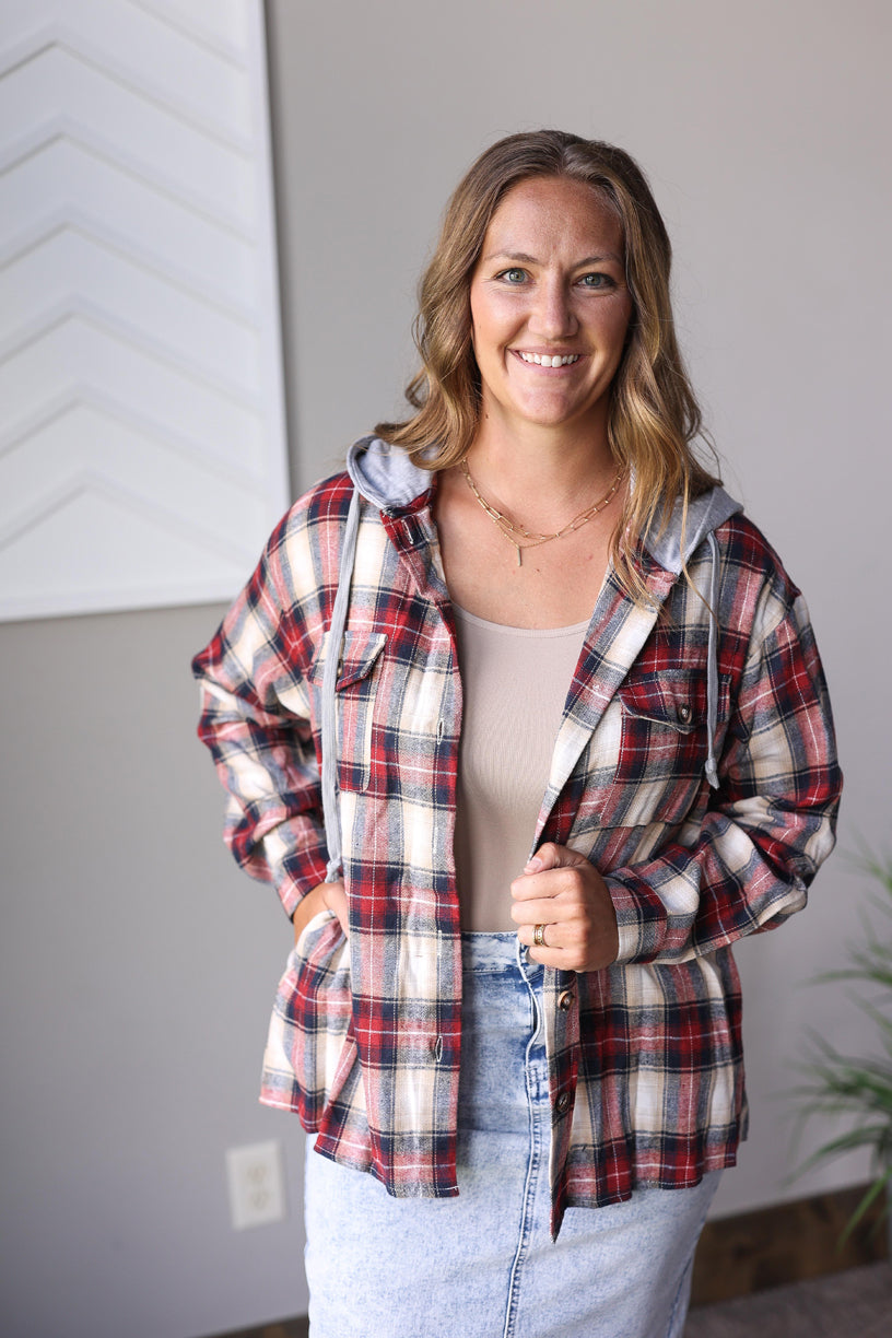 PRE-ORDER ONLY: Hooded Red Plaid Flannel Top