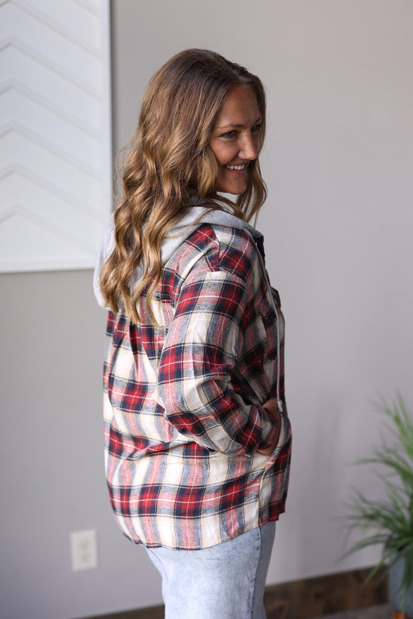 PRE-ORDER ONLY: Hooded Red Plaid Flannel Top