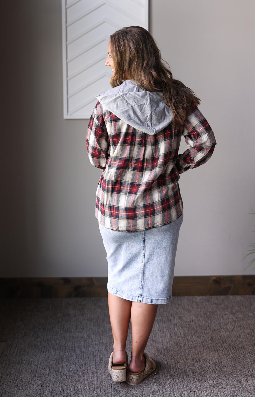 PRE-ORDER ONLY: Hooded Red Plaid Flannel Top