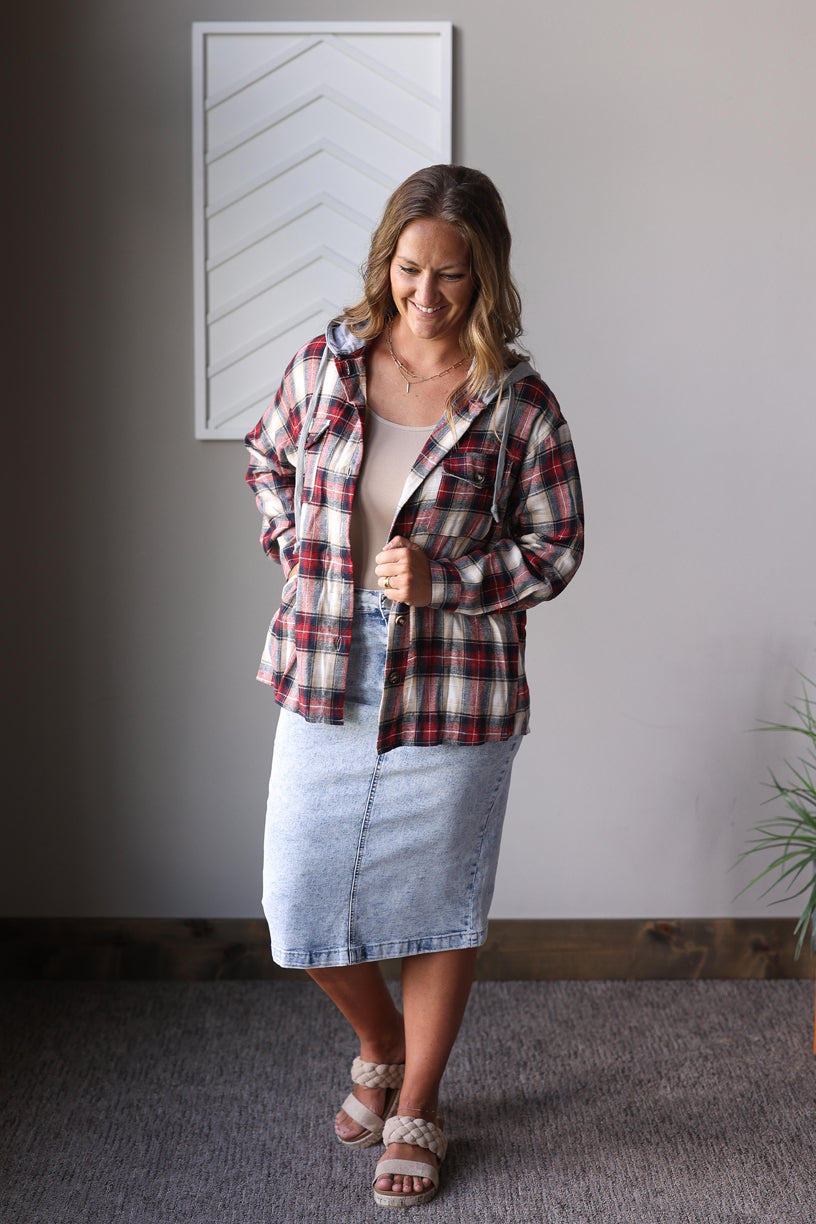 PRE-ORDER ONLY: Hooded Red Plaid Flannel Top