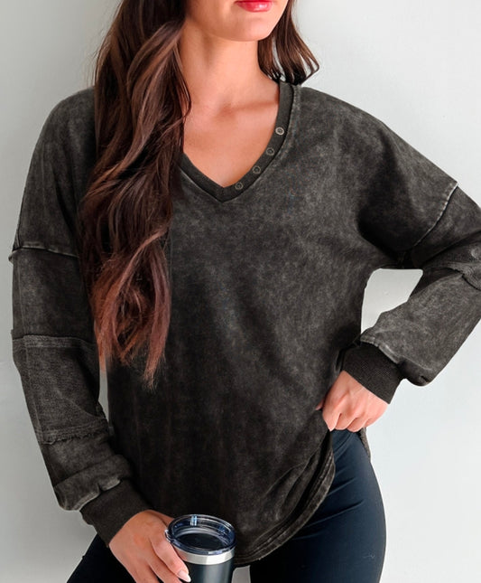 Charcoal Mineral Wash V-Neck Pullover