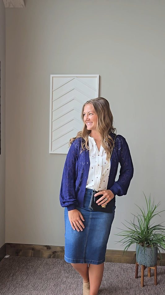 Sapphire Button Front Crochet Cardigan