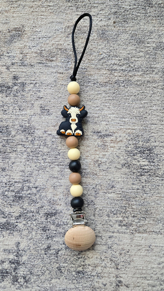 Highland Cow Neutral Silicone Bead Paci Clip
