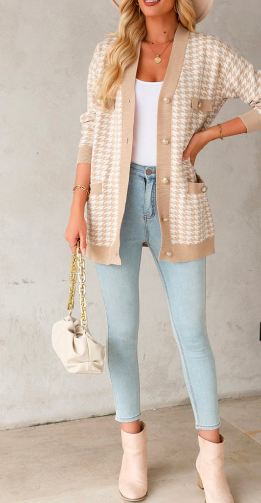 Khaki Houndstooth Pocketed Cardigan