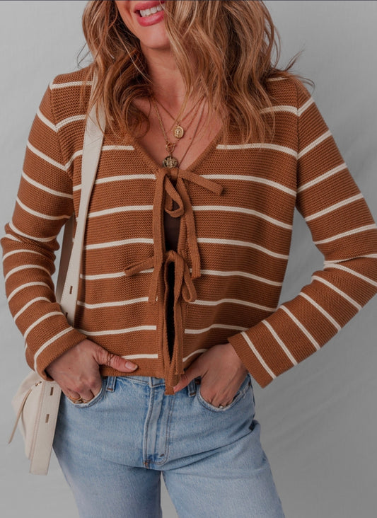 Chestnut Tie Front Striped Cardigan