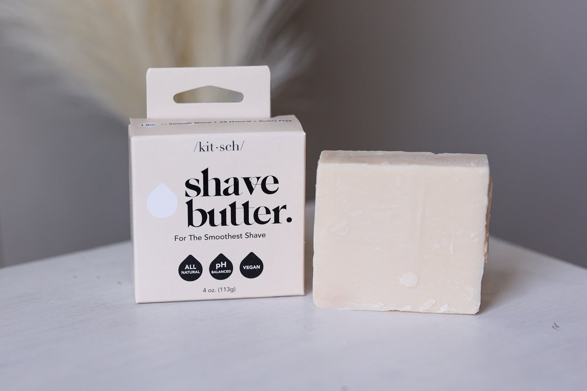 Kitsch shave butter packaging and bar on a neutral background