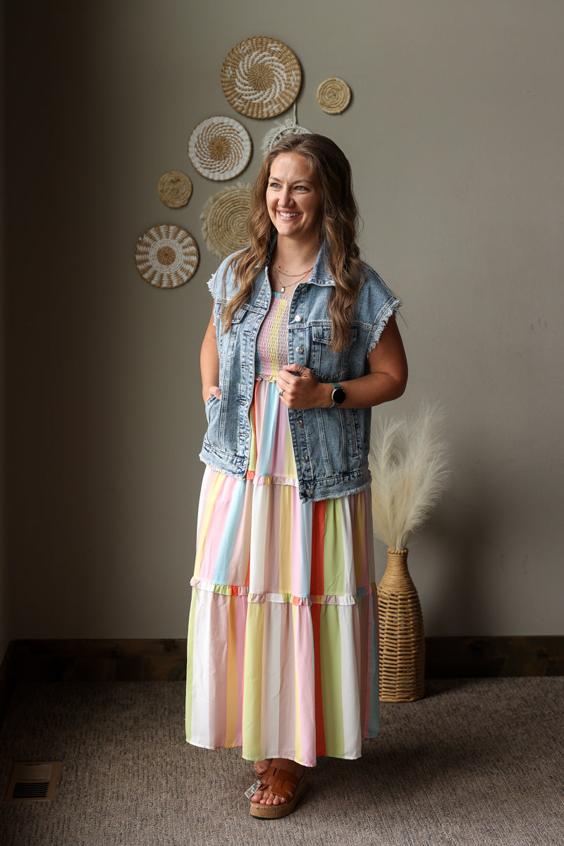 coastal striped tiered maxi dress with pockets and smock chest with harper denim jacket vest