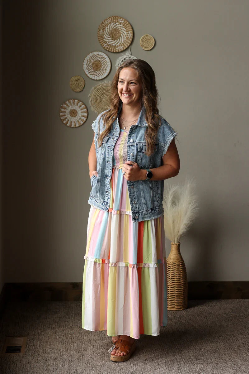 coastal striped tiered maxi dress with pockets and smock chest with harper denim jacket vest
