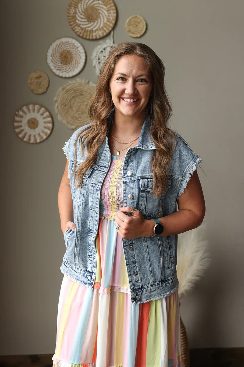 coastal striped tiered maxi dress with pockets and smock chest with denim vest
