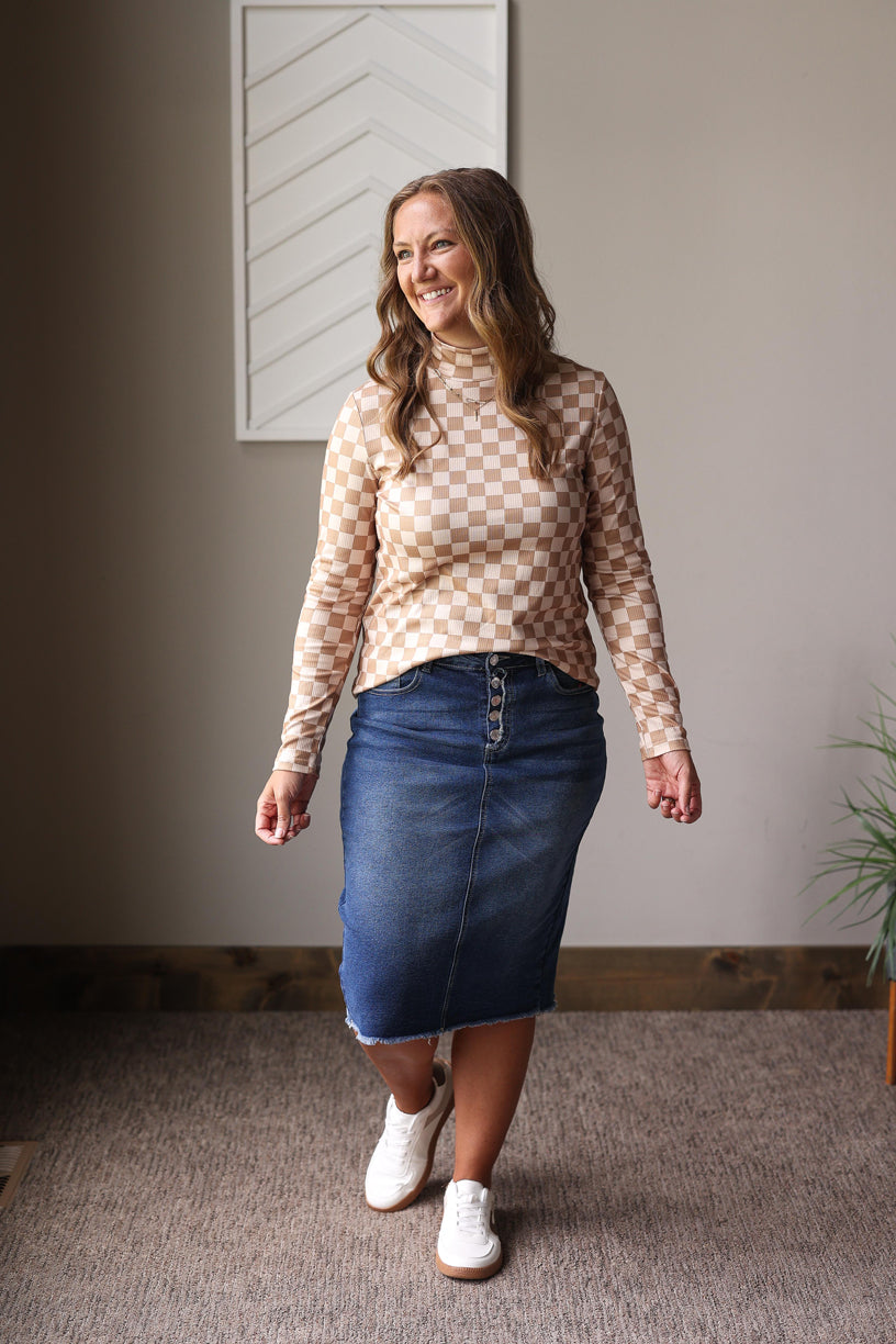 Khaki Check Pattern Turtleneck Ribbed Top