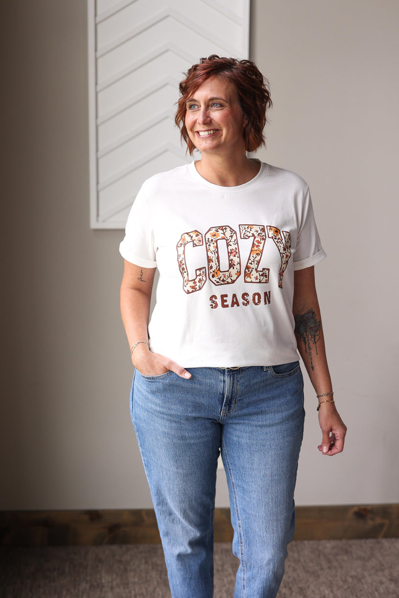 White floral Cozy Season Fall Graphic Tee for women outfits