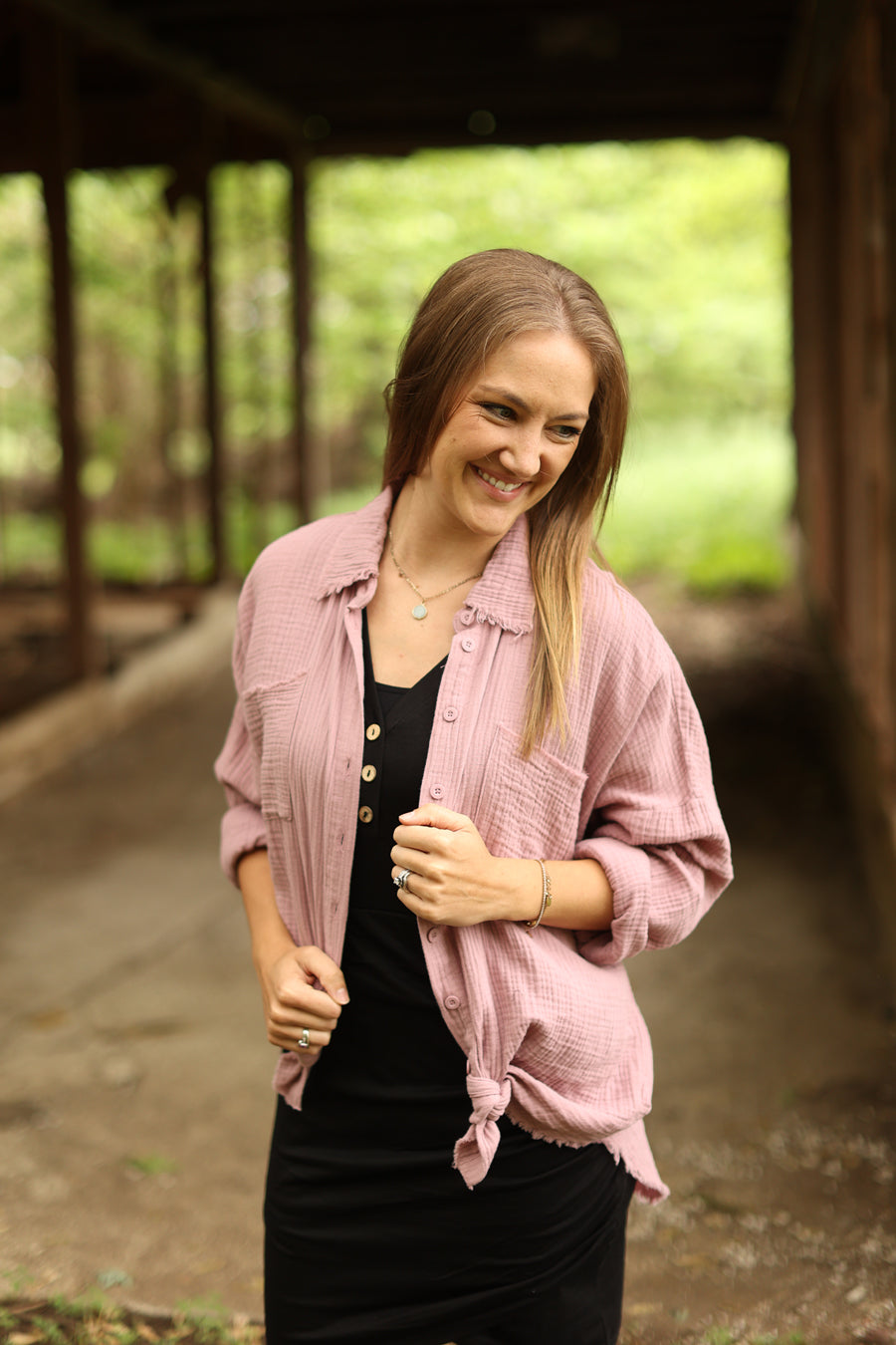Black Button V-Neck Ruched • S