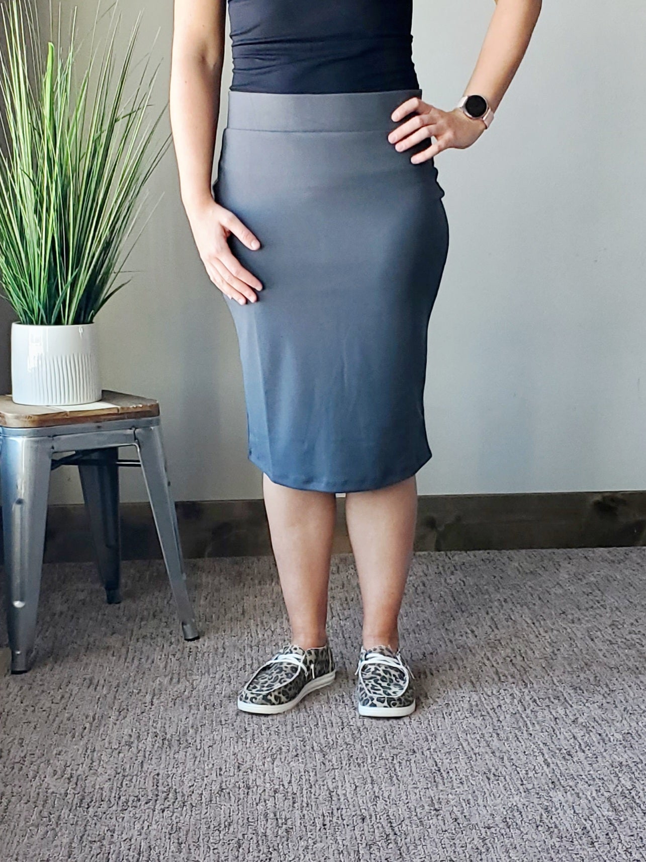 Ash Grey Butter Soft Midi Skirt Women's Modest Clothing Boutique Near Me Classy Closet