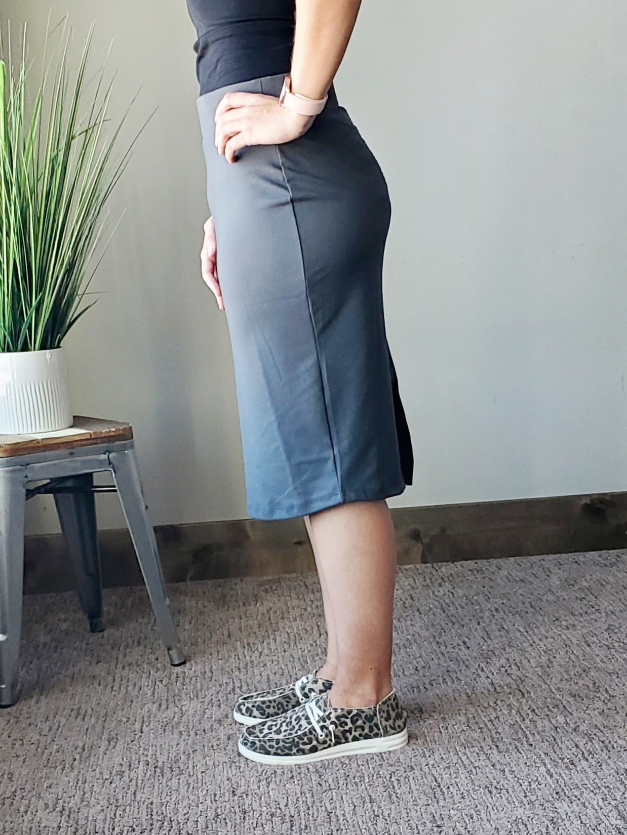 Ash Grey Butter Soft Midi Skirt Women's Modest Clothing Boutique Near Me Classy Closet