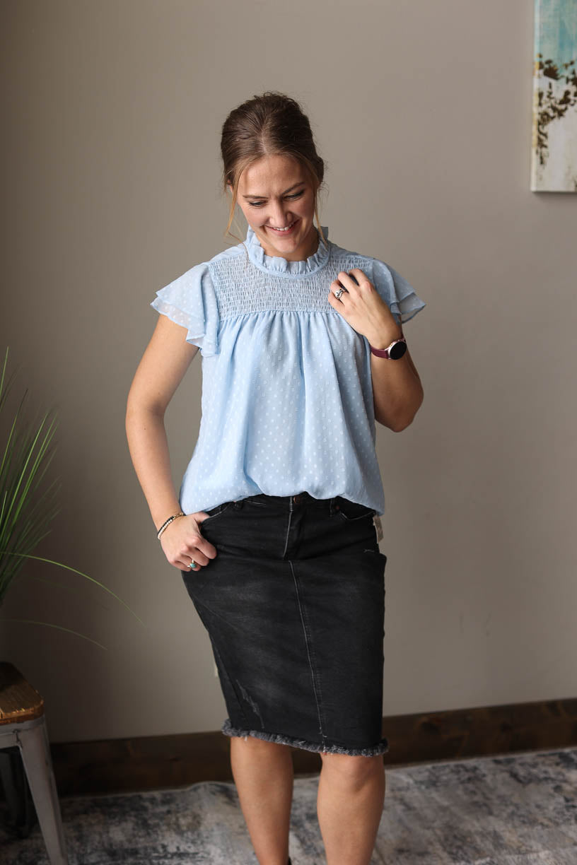 SWISS DOT BABY BLUE SMOCK RUFFLE TOP FOR WOMEN SPRING SUMMER OUTFITS CLASSY CLOSET BOUTIQUE NEAR ME