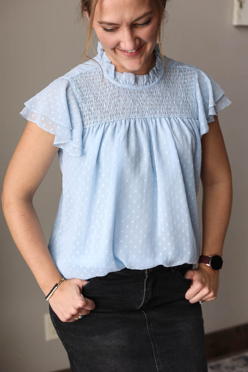 SWISS DOT BABY BLUE SMOCK RUFFLE TOP FOR WOMEN SPRING SUMMER OUTFITS CLASSY CLOSET BOUTIQUE NEAR ME
