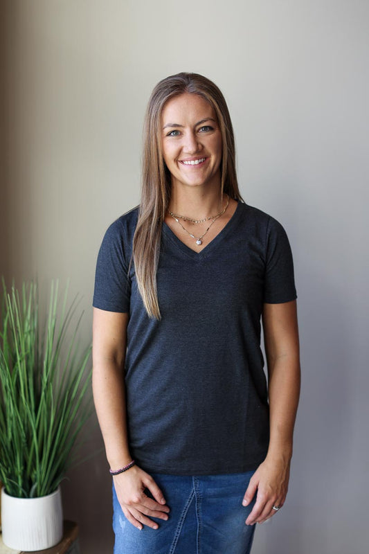 Charcoal V-Neck Short Sleeve Top Women's Modest Apparel at Classy Closet Online Boutique Near Me