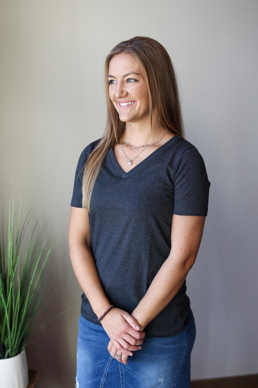Charcoal V-Neck Short Sleeve Top Women's Modest Apparel at Classy Closet Online Boutique Near Me