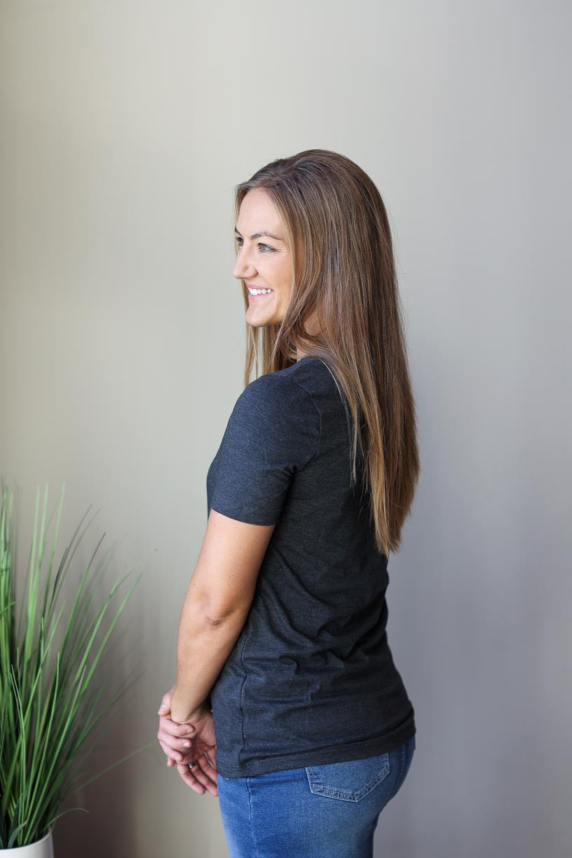 Charcoal V-Neck Short Sleeve Top Women's Modest Apparel at Classy Closet Online Boutique Near Me
