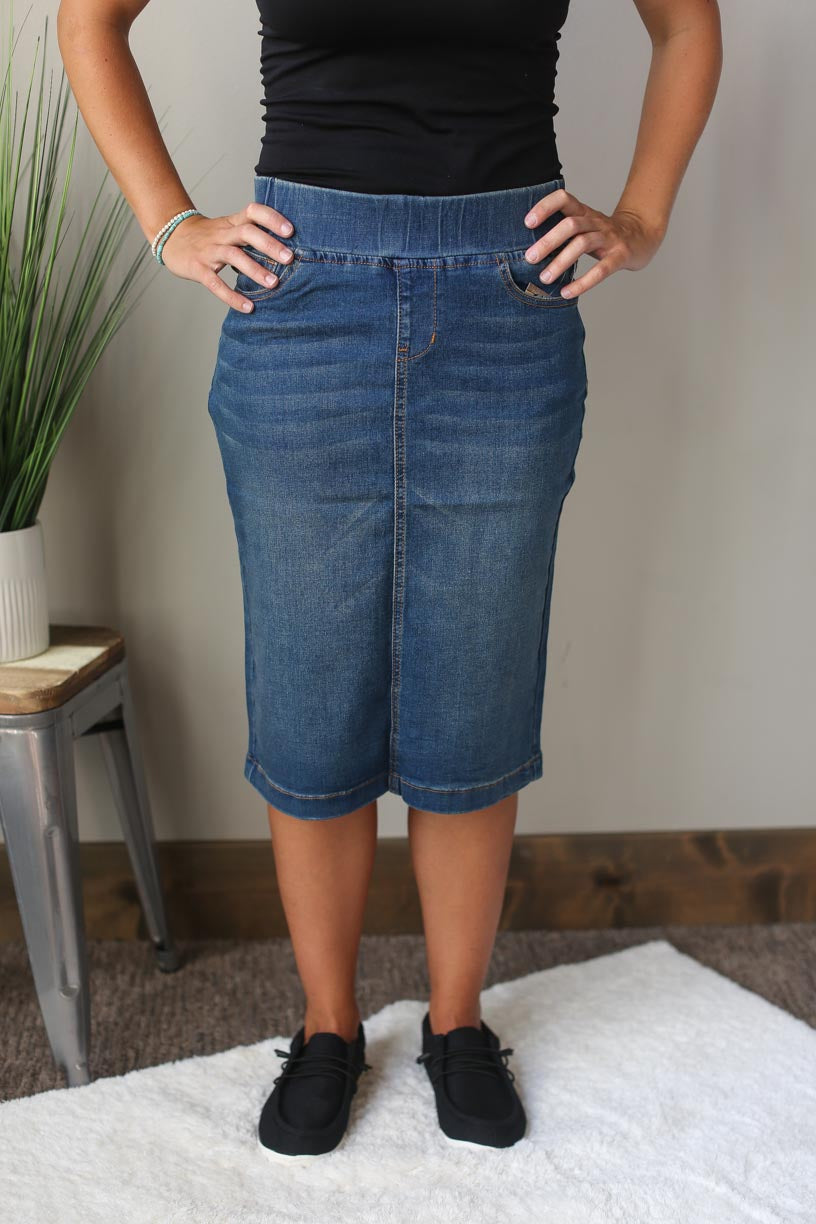 ELASTIC WAIST KNEE LENGTH DENIM SKIRT CLASSY CLOSET ONLINE SKIRT BOUTIQUE NEAR ME