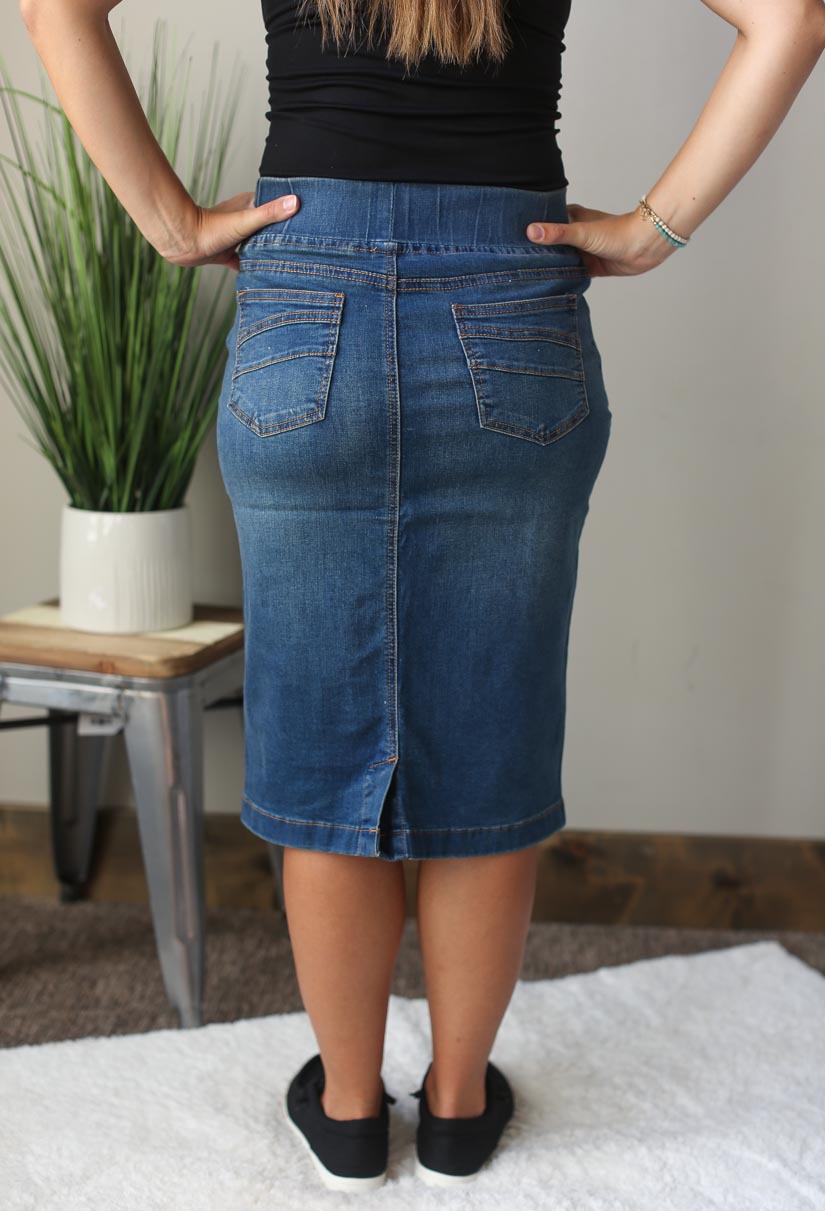 ELASTIC WAIST KNEE LENGTH DENIM SKIRT CLASSY CLOSET ONLINE SKIRT BOUTIQUE NEAR ME