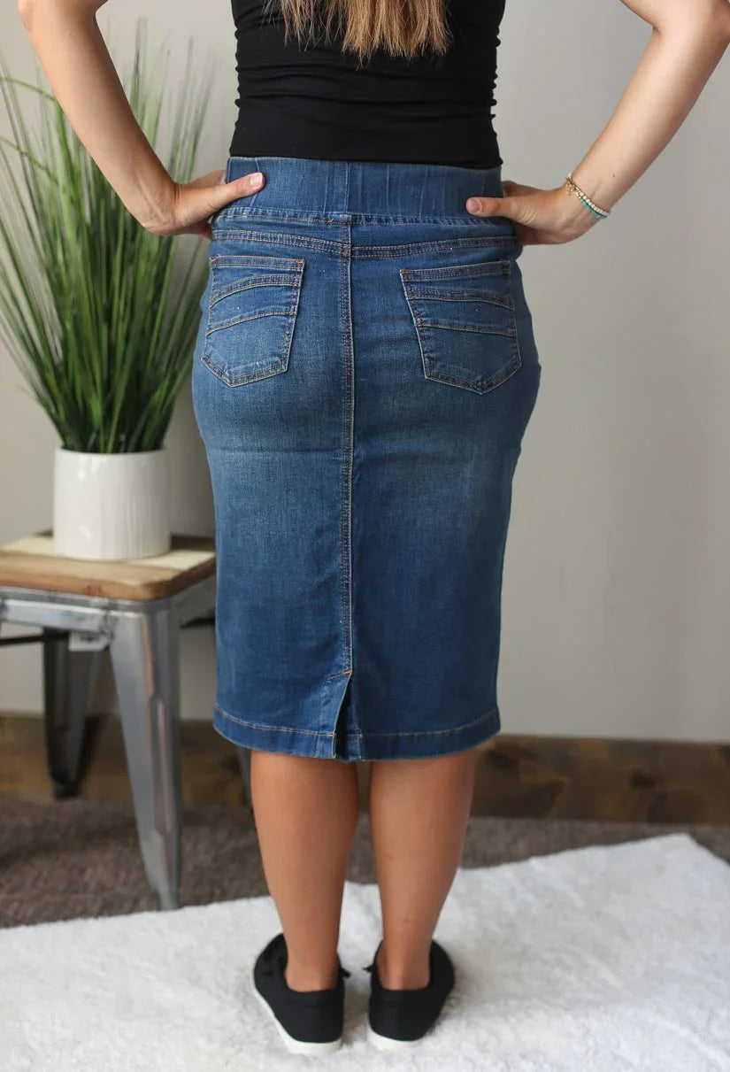 ELASTIC WAIST KNEE LENGTH DENIM SKIRT CLASSY CLOSET ONLINE SKIRT BOUTIQUE NEAR ME