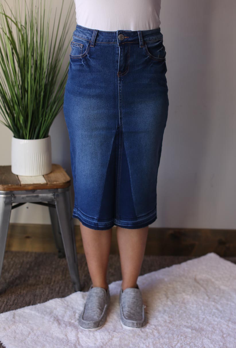 DARK WASH MIDI TWO TONE STRETCH DENIM SKIRT CLASSY CLOSET ONLINE SKIRT BOUTIQUE NEAR ME