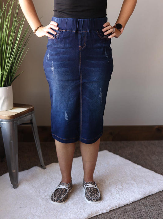 Dark Wash Ruched Elastic Waist Denim Skirt for Women Classy Closet Skirt Boutique Near Me USA