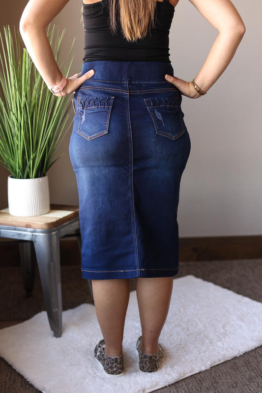 Dark Wash Ruched Elastic Waist Denim Skirt for Women Classy Closet Skirt Boutique Near Me USA