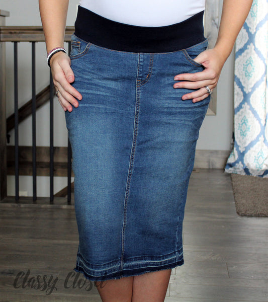 Maternity Denim Knee Length Skirt Classy Closet Online Boutique Near Me