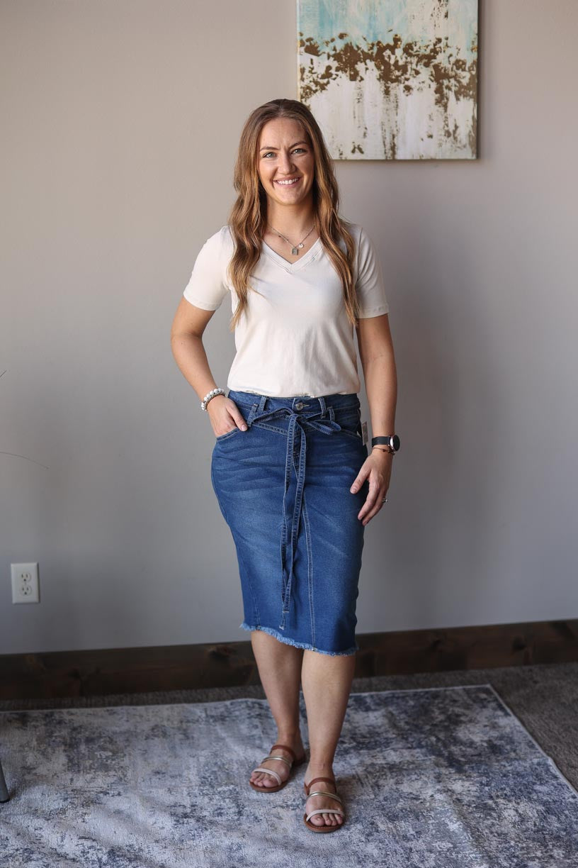 Indie Belted Midi Denim Skirt Women's Modest Apparel Outfits at Classy Closet Online Boutique for Women's Cute Outfits