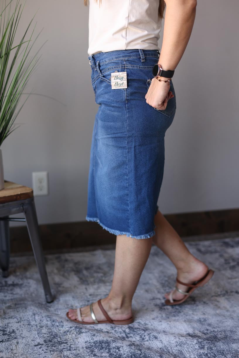 Indie Belted Midi Denim Skirt Women's Modest Apparel Outfits at Classy Closet Online Boutique for Women's Cute Outfits