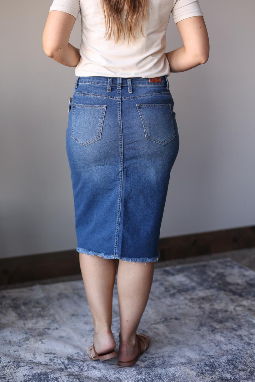 Indie Belted Midi Denim Skirt Women's Modest Apparel Outfits at Classy Closet Online Boutique for Women's Cute Outfits