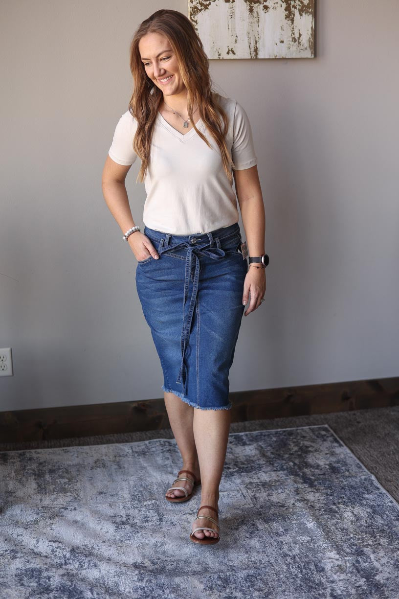Indie Belted Midi Denim Skirt Women's Modest Apparel Outfits at Classy Closet Online Boutique for Women's Cute Outfits