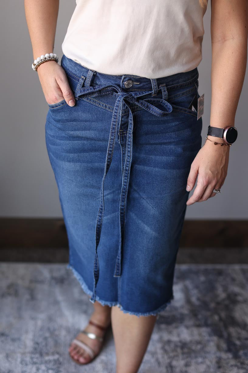 Indie Belted Midi Denim Skirt Women's Modest Apparel Outfits at Classy Closet Online Boutique for Women's Cute Outfits