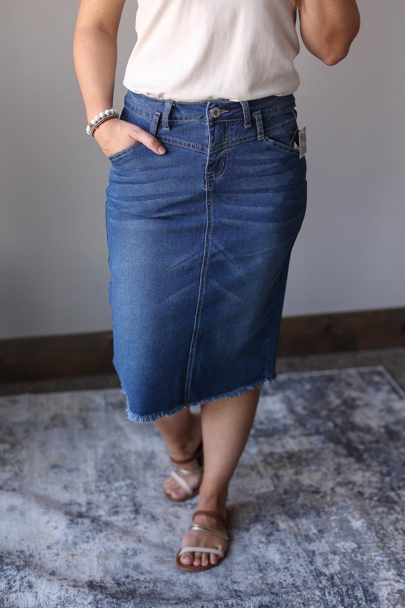 Indie Belted Midi Denim Skirt Women's Modest Apparel Outfits at Classy Closet Online Boutique for Women's Cute Outfits