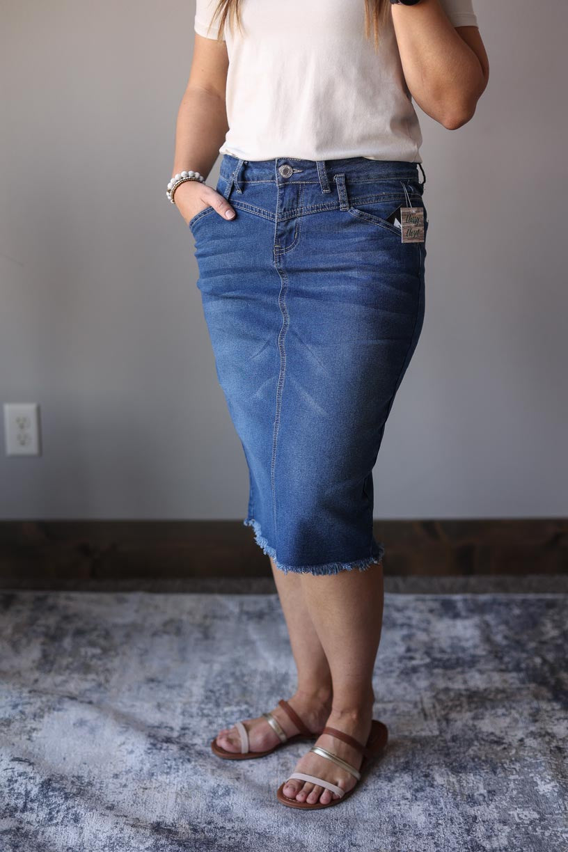 Indie Belted Midi Denim Skirt Women's Modest Apparel Outfits at Classy Closet Online Boutique for Women's Cute Outfits