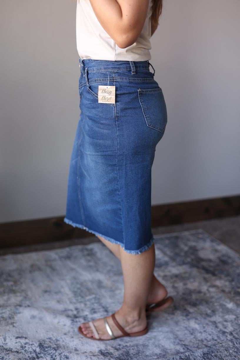 Indie Belted Midi Denim Skirt Women's Modest Apparel Outfits at Classy Closet Online Boutique for Women's Cute Outfits