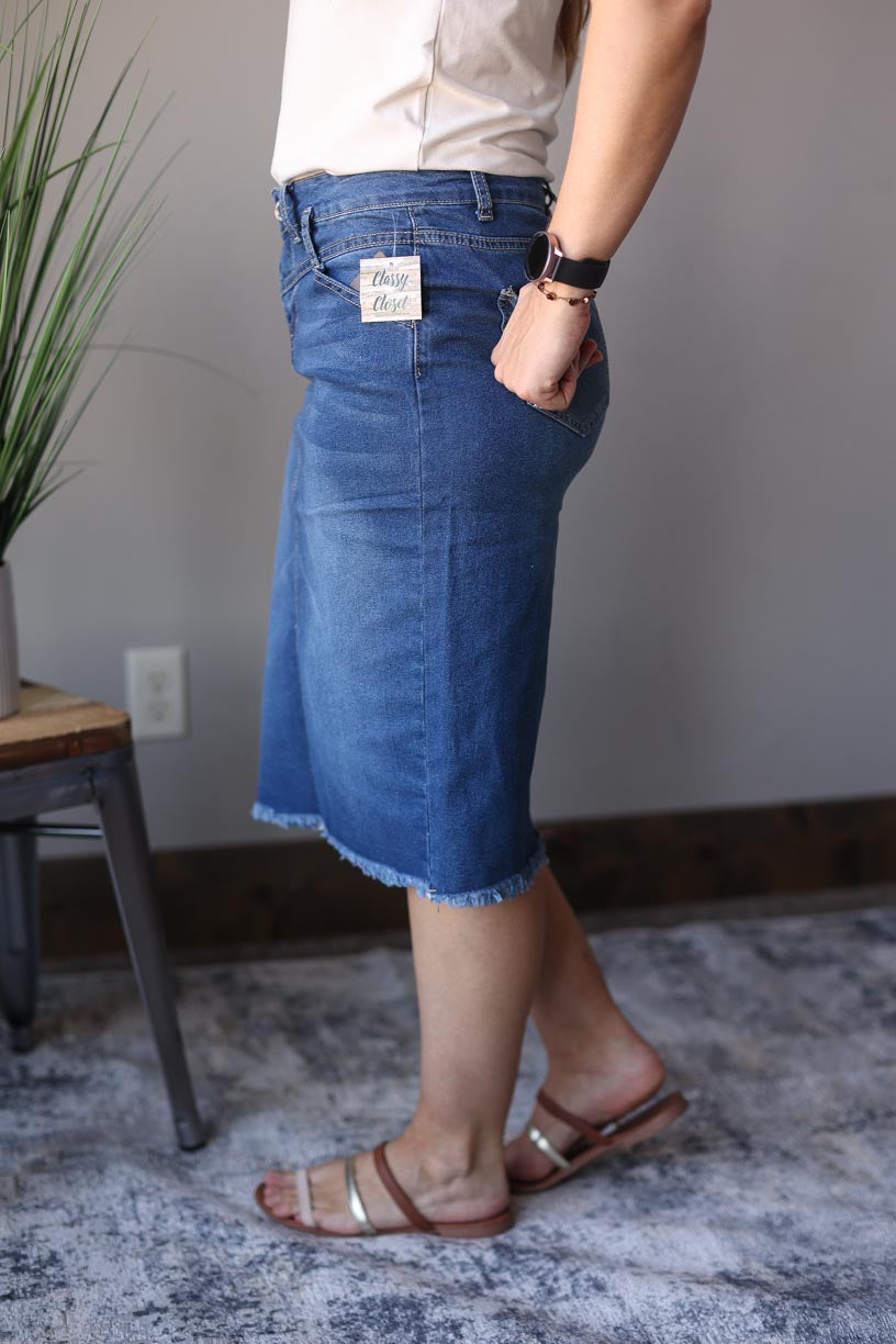 Indie Belted Midi Denim Skirt Women's Modest Apparel Outfits at Classy Closet Online Boutique for Women's Cute Outfits