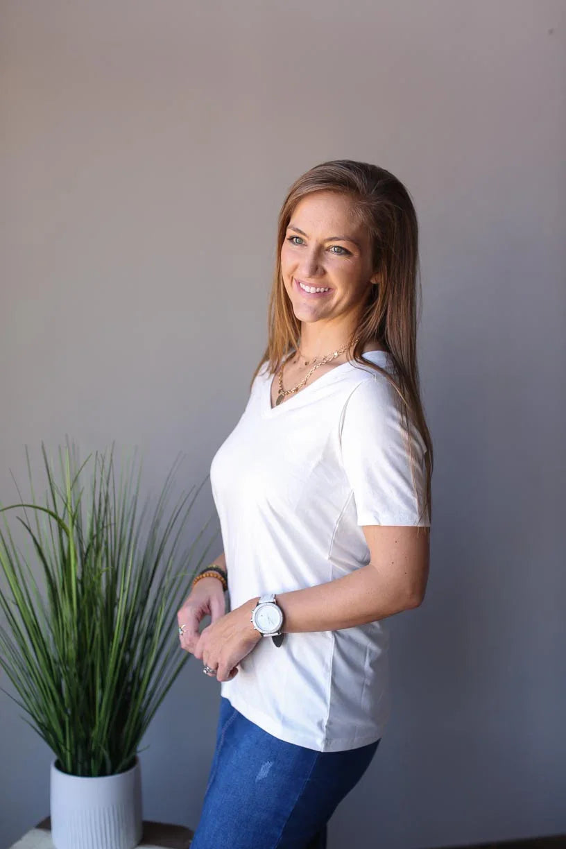 IVORY V-NECK BASIC LAYERING TEE CLASSY CLOSET ONLINE BOUTIQUE FOR MODERN MODESTY IS CLASSY