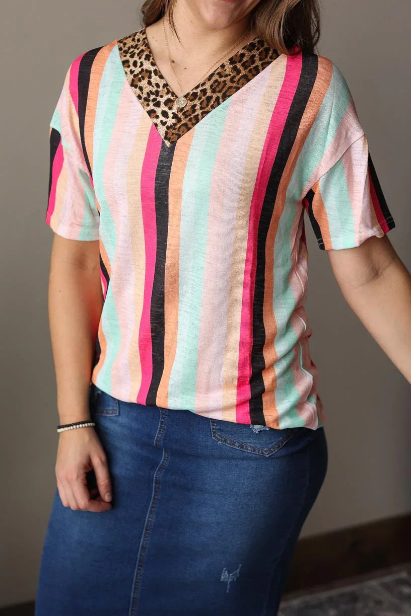Leopard Contrast V-Neck Multi Stripe Short Sleeve Top Everyday Casual Outfit for Modest Women's Fashion at Classy Closet Online Boutique Near Me