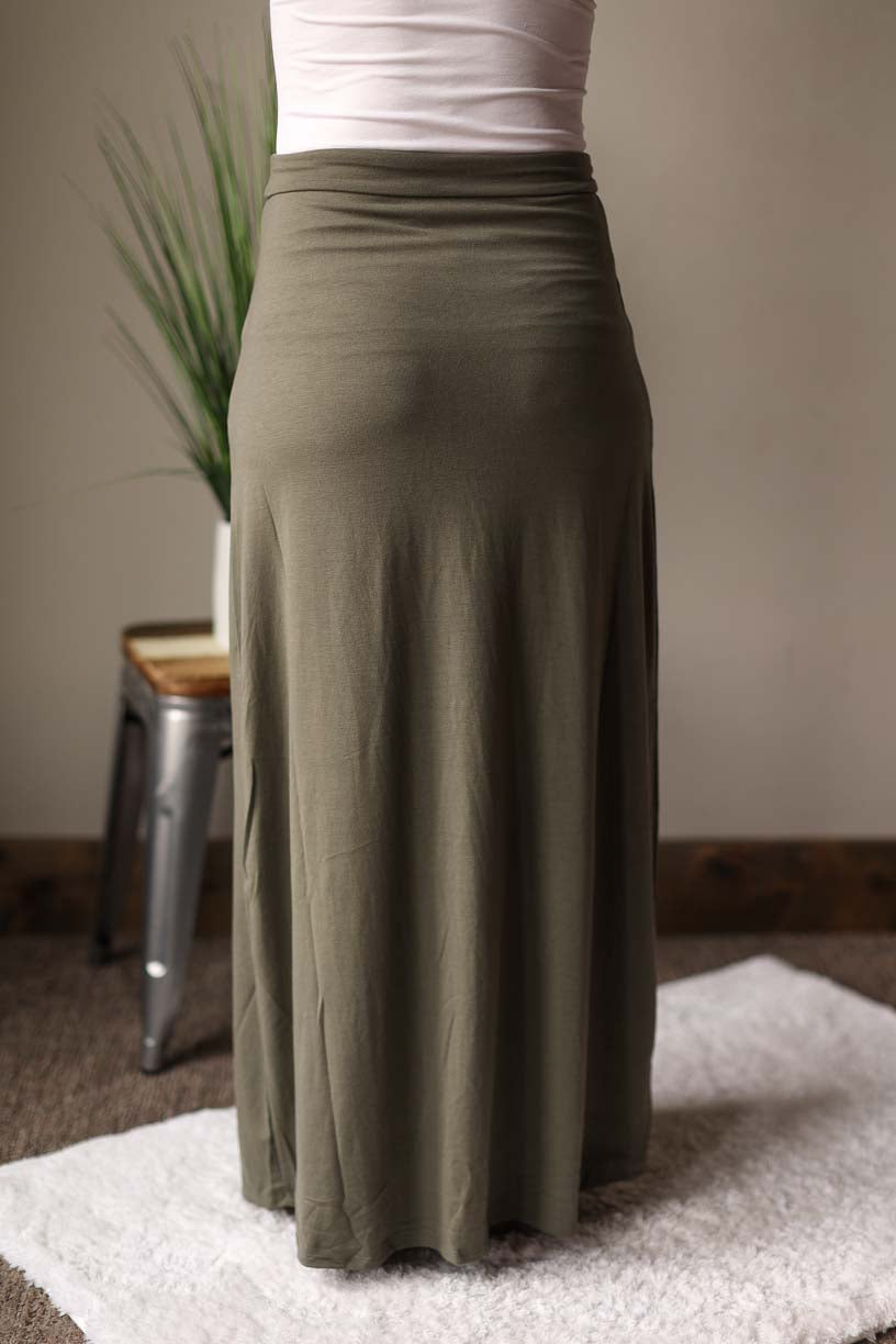 OLIVE MAXI SKIRT FOR CASUAL CHURCH STYLE CLASSY CLOSET ONLINE MODEST BOUTIQUE NEAR ME