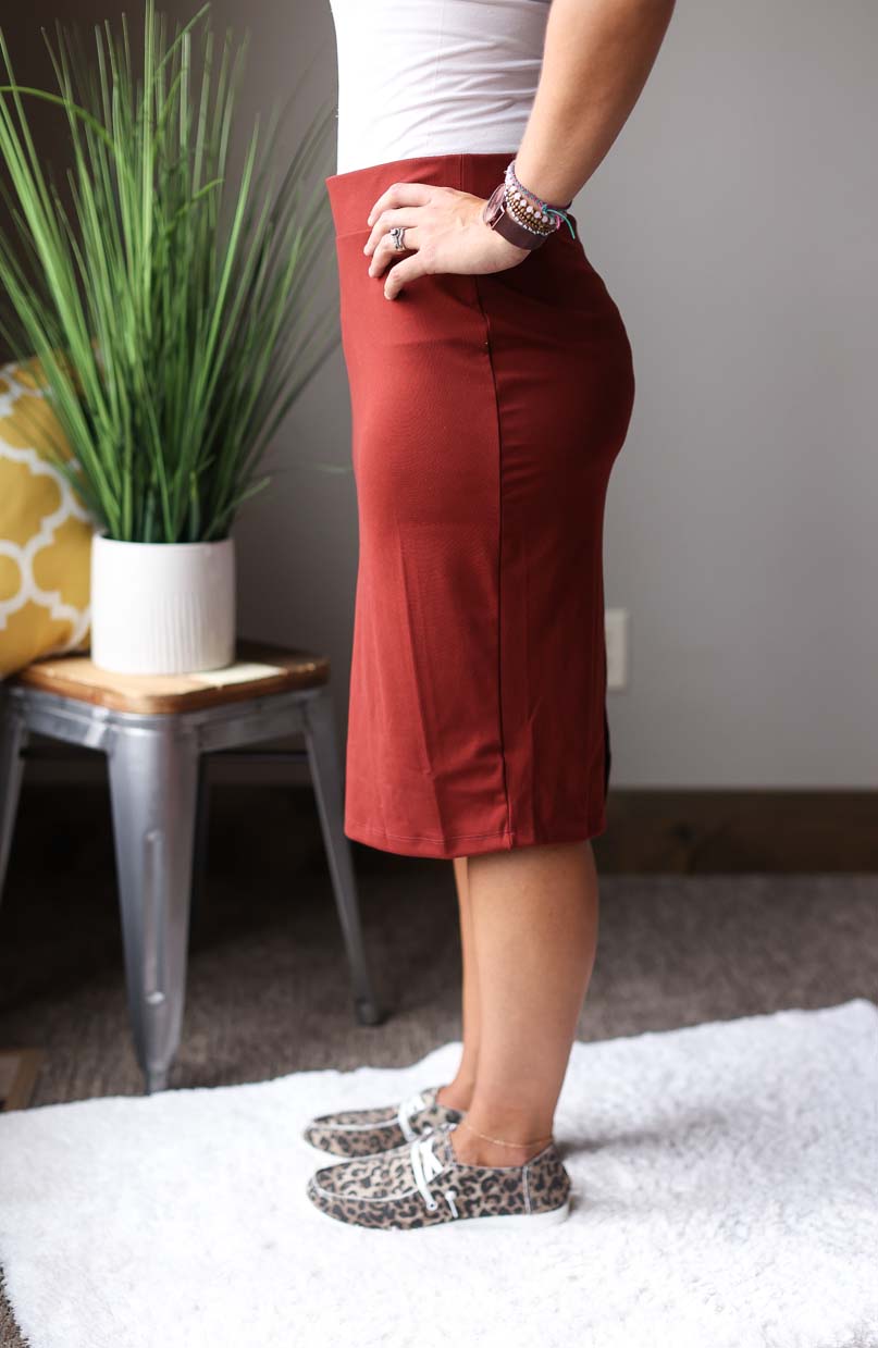 FIRED BRICK RUST MIDI SKIRT FOR CHURCH FALL OUTFITS CLASSY CLOSET ONLINE SKIRT BOUTIQUE FOR MODEST FEMININE FASHION