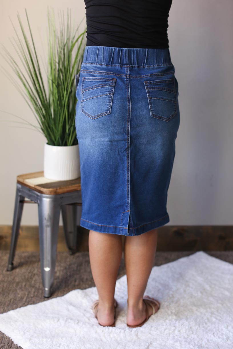 ELASTIC WAIST KNEE LENGTH DENIM SKIRT CLASSY CLOSET ONLINE SKIRT BOUTIQUE NEAR ME