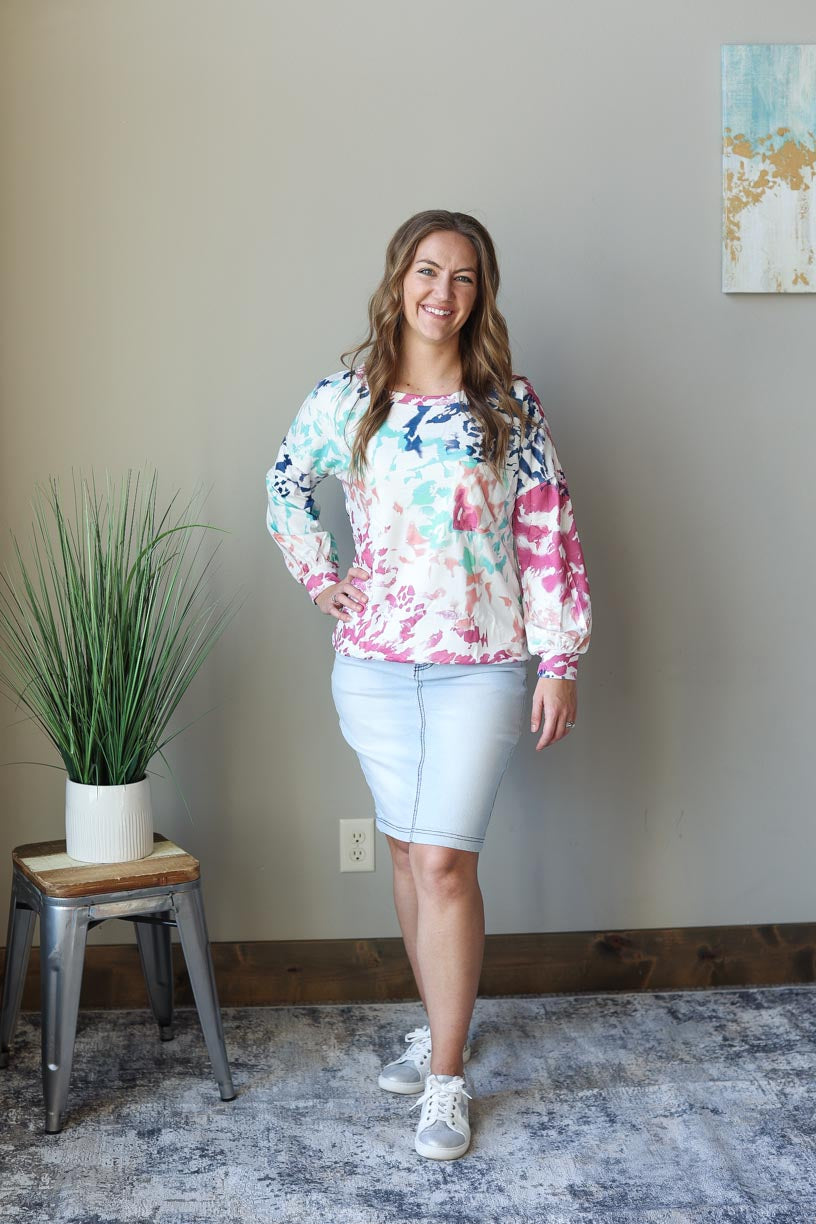 Multi Tie Dye Long Sleeve Sweatshirt Top for Everyday Casual Mom Style at Classy Closet Online Modest Christian Boutique Near Me