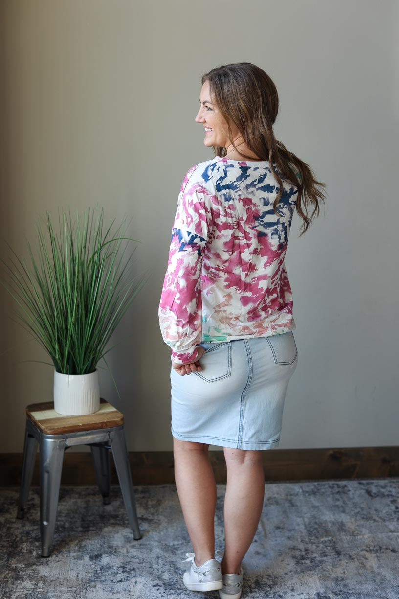 Multi Tie Dye Long Sleeve Sweatshirt Top for Everyday Casual Mom Style at Classy Closet Online Modest Christian Boutique Near Me